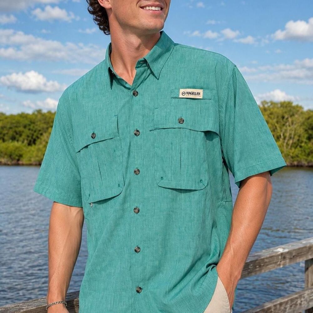 Magellan fishing Men's small teal green button up casual outdoor Shirt boat vent